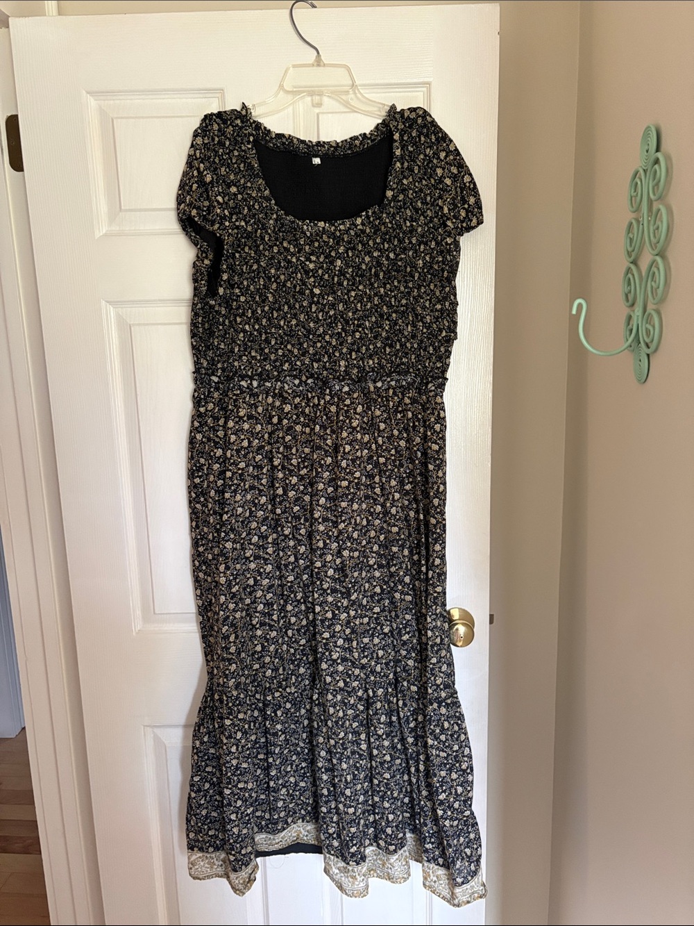 American Eagle Outfitters Black Floral Maxi Dress with Cream Border